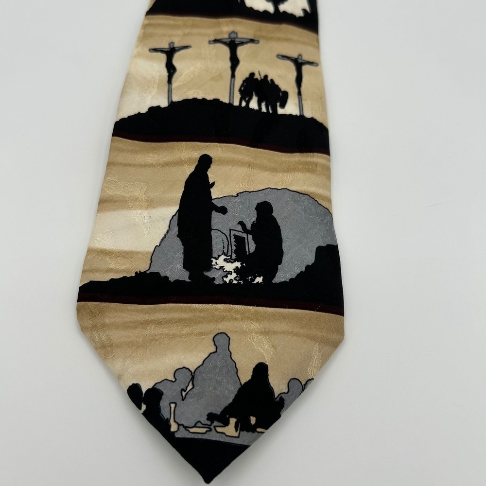 Eagles Wings Tie Resurrection Stations Cross Mens OS Tan Silk Religious
